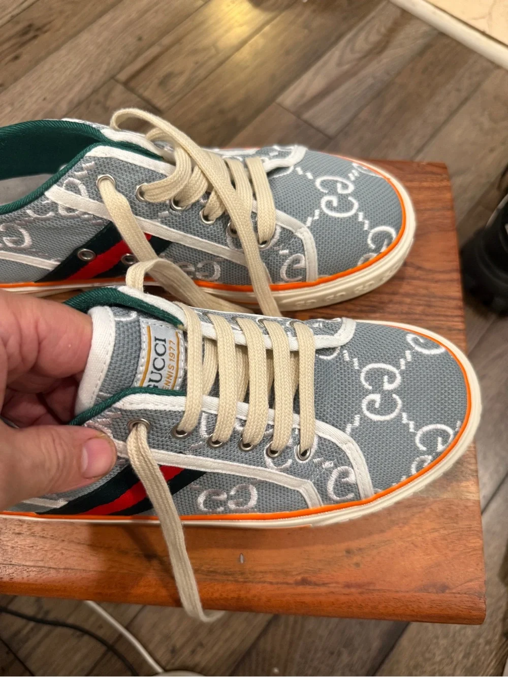 Gucci Mans tennis 1977 Gray GG Canvas Sneakers with Green Lining and Orange Trim